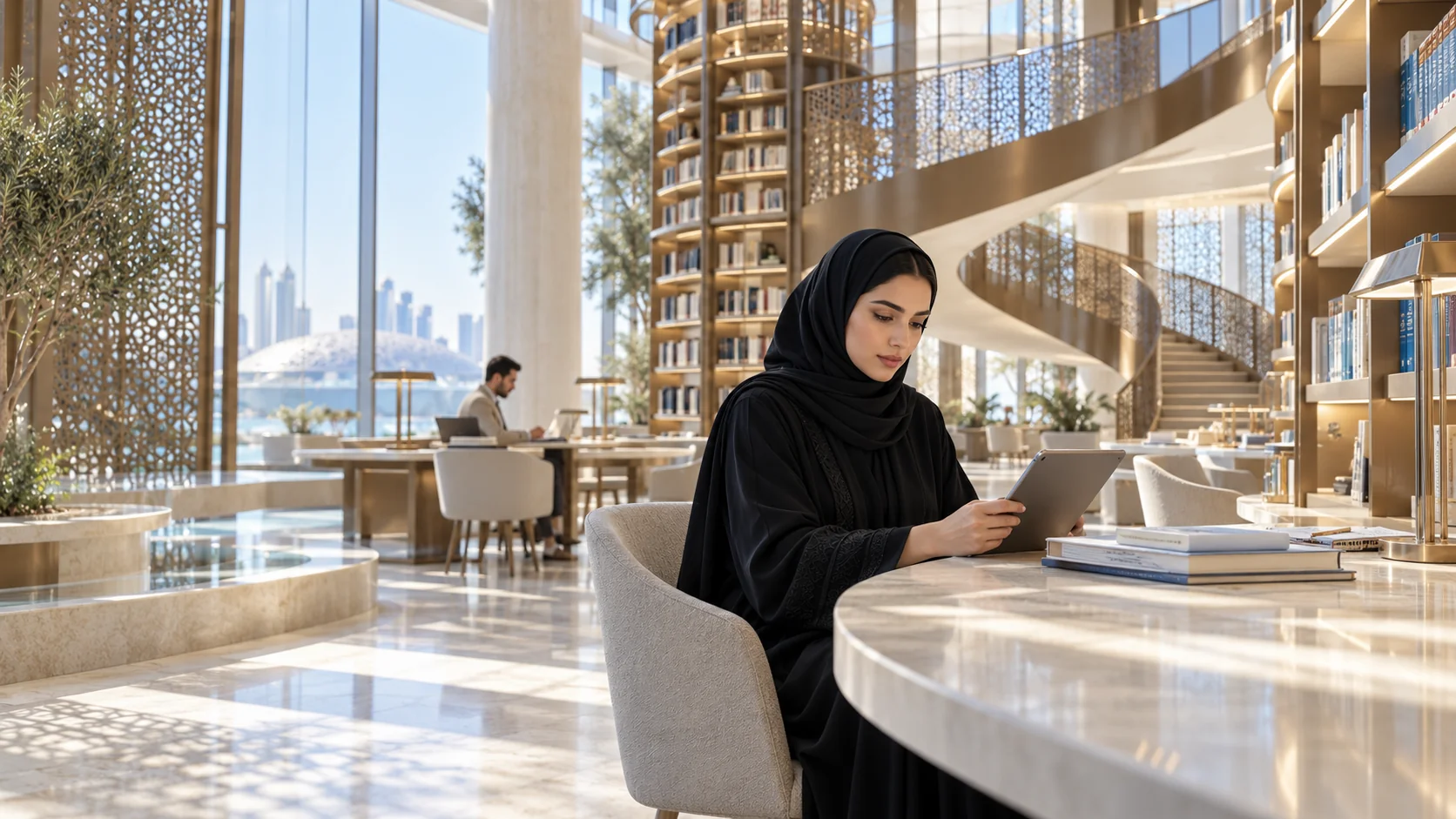 An Emirati knowledge specialist using a tablet in a light-filled research library