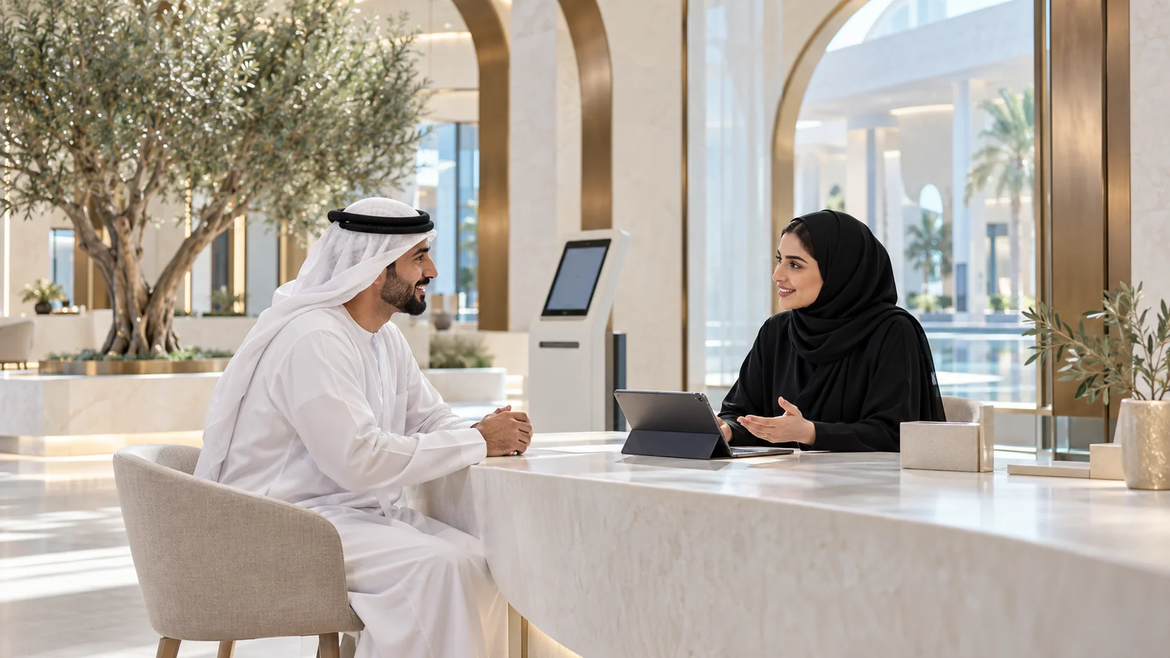 An attentive conversation in a contemporary UAE service centre