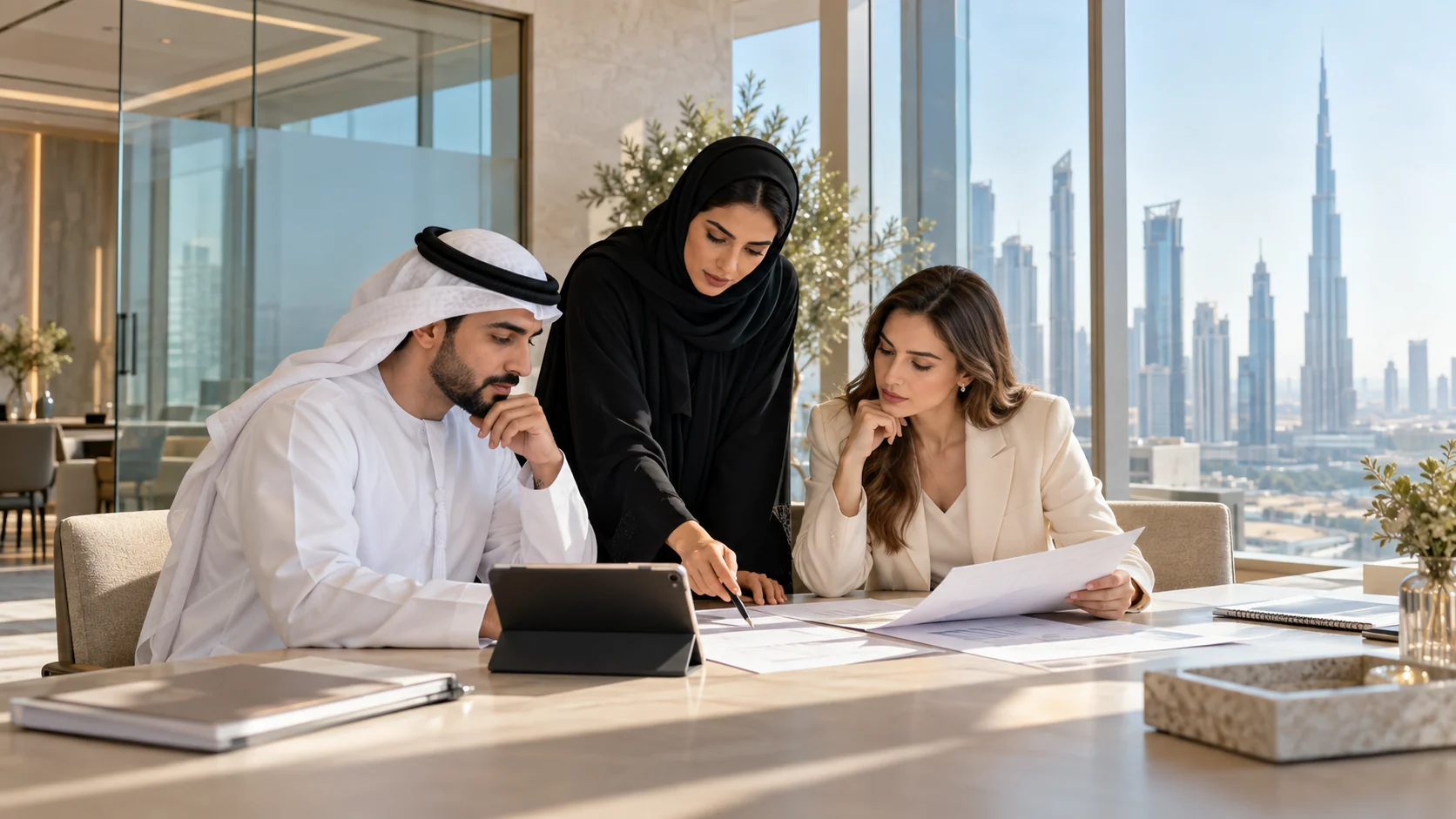 Business analysts reviewing documents and a tablet together