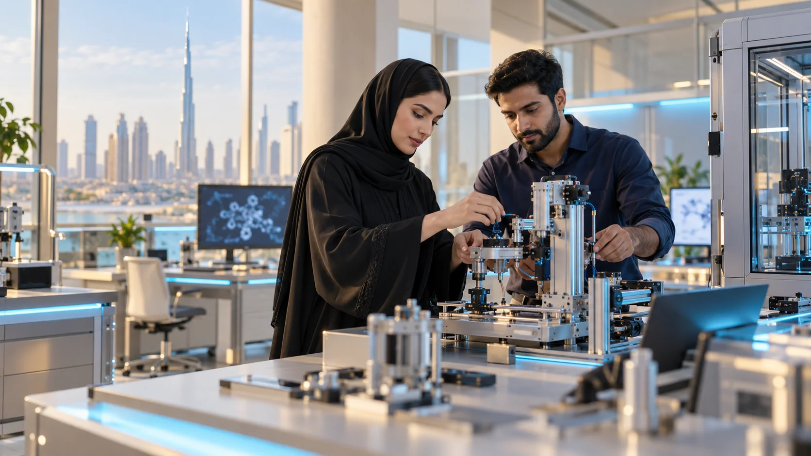 Engineers working together on a precision assembly in a UAE research studio