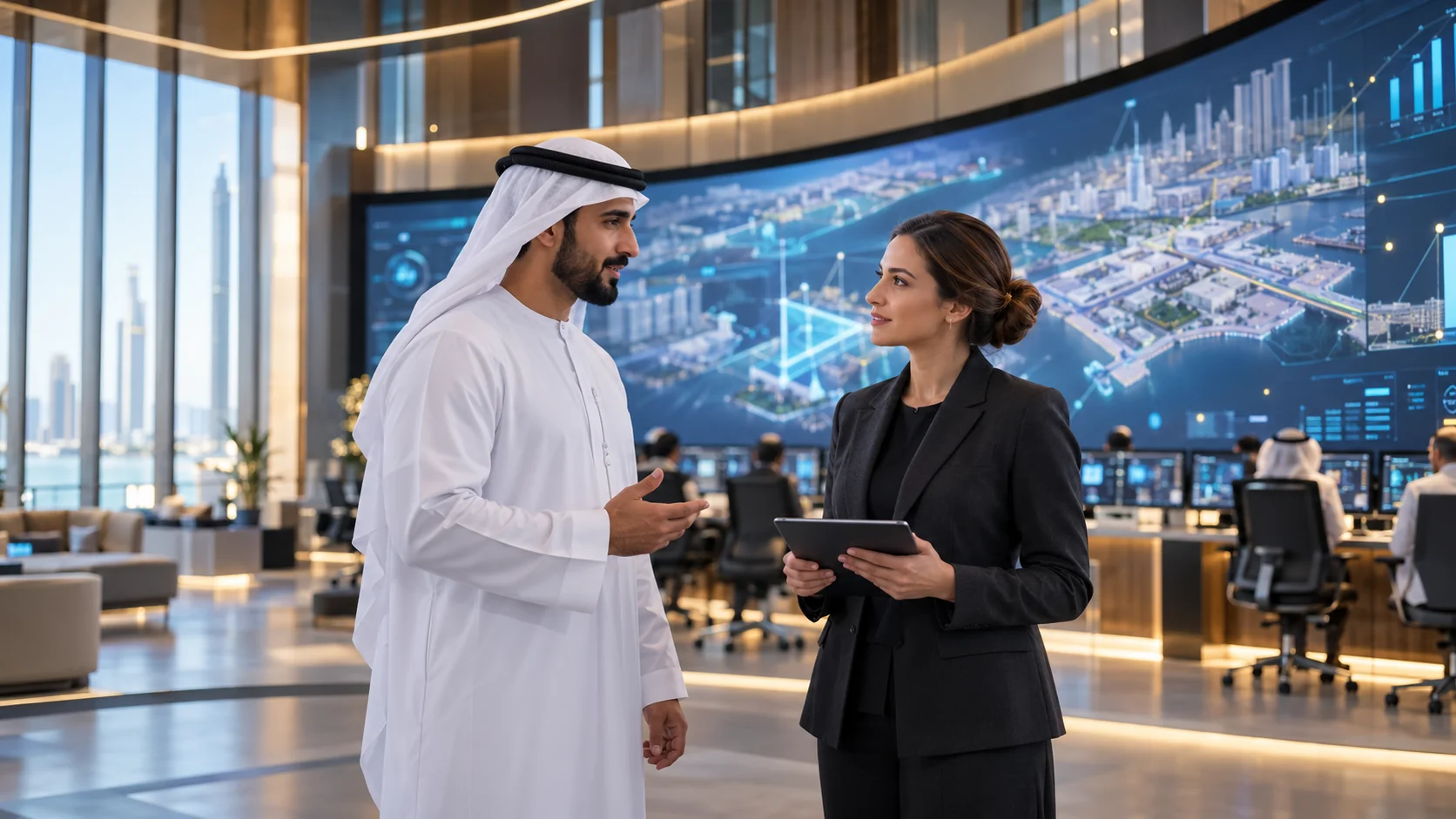 Two specialists discussing operations in a modern control centre