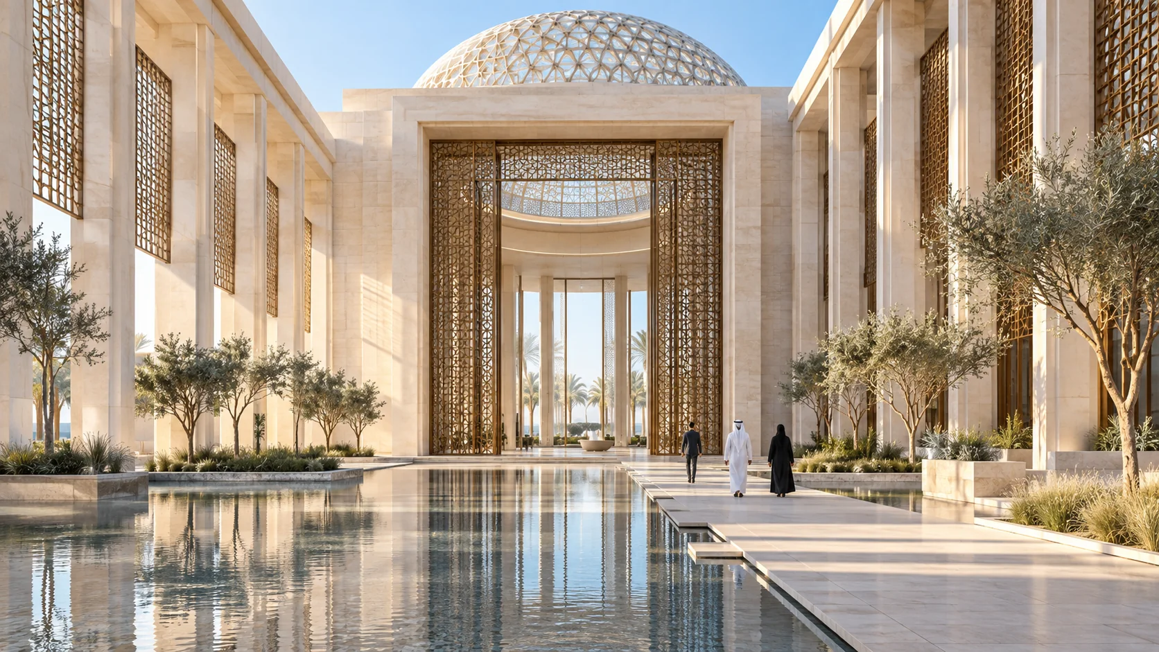 An imagined UAE civic pavilion with reflecting pools and bronze screens