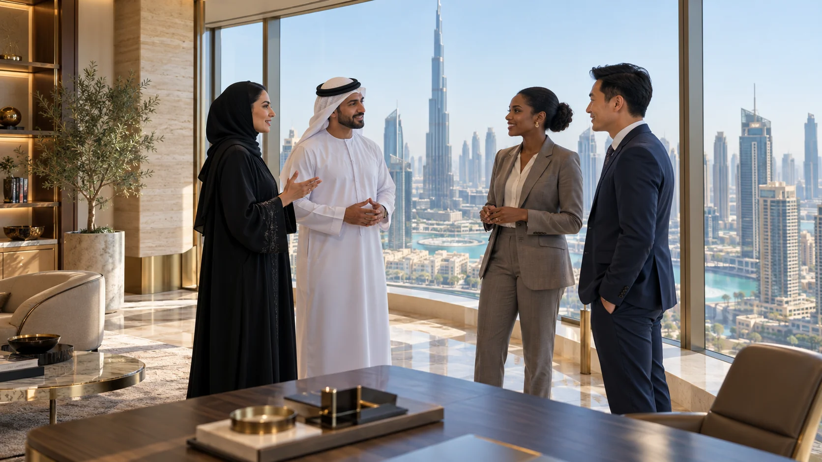 A diverse group of professionals in conversation with a Dubai skyline view