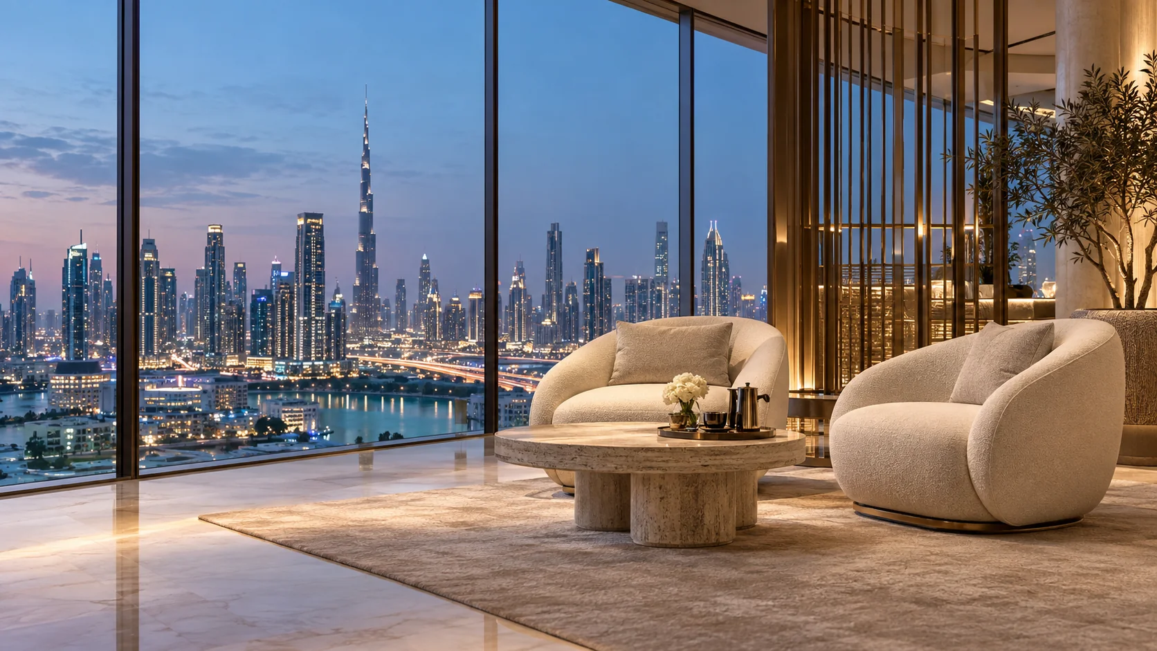 A contemporary meeting lounge overlooking Dubai at blue hour