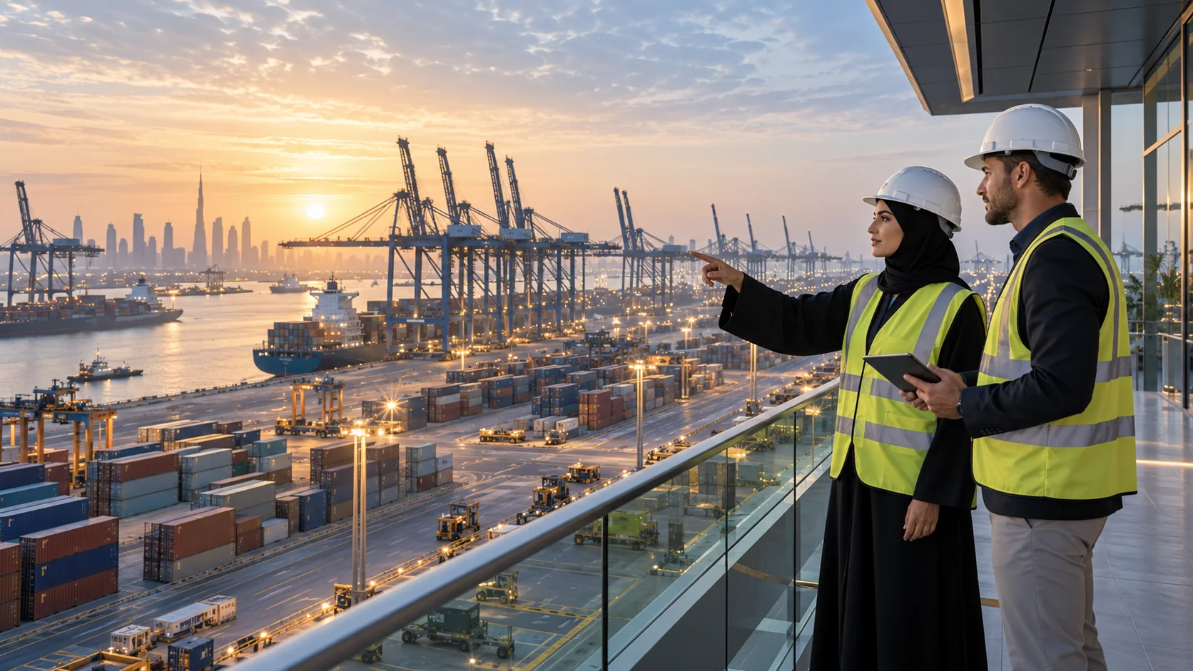 Logistics specialists observing a port from a protected operations terrace