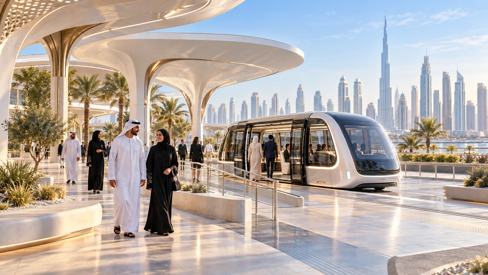 An imagined accessible Dubai mobility plaza with an electric shuttle
