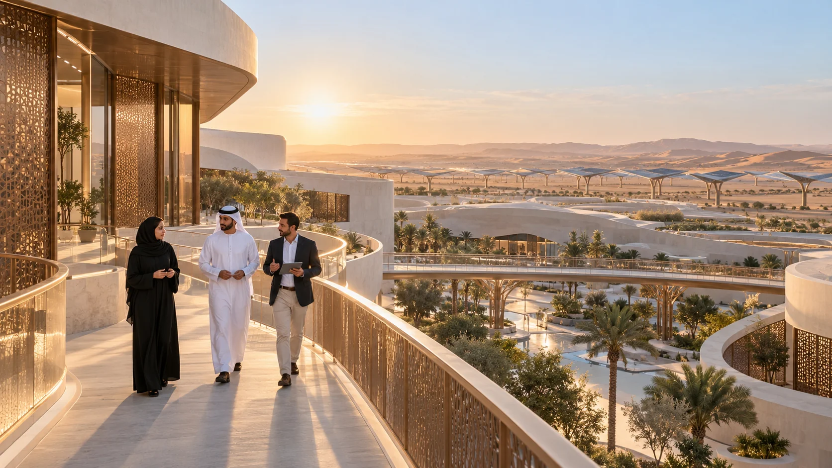 An imagined research and clean-energy campus beside UAE desert dunes